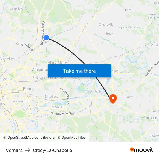 Vemars to Crecy-La-Chapelle map