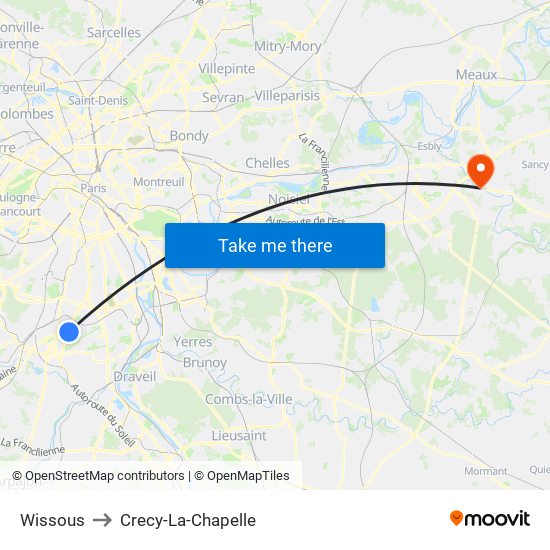 Wissous to Crecy-La-Chapelle map