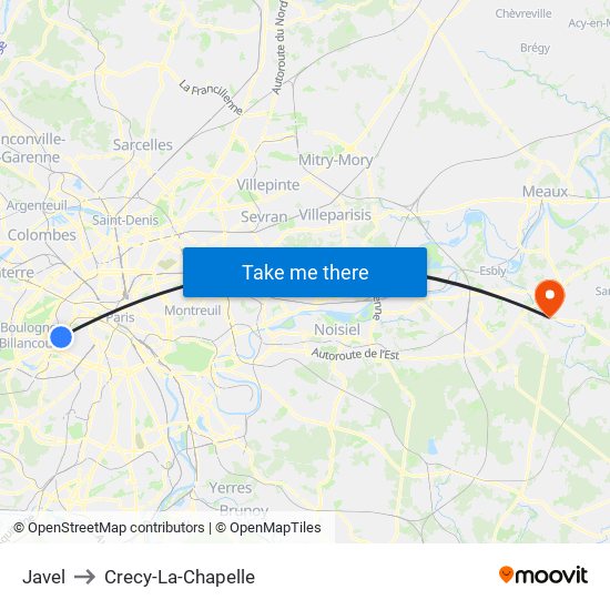 Javel to Crecy-La-Chapelle map