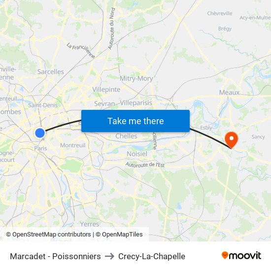 Marcadet - Poissonniers to Crecy-La-Chapelle map