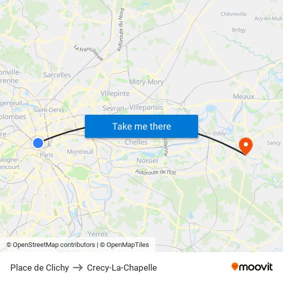 Place de Clichy to Crecy-La-Chapelle map