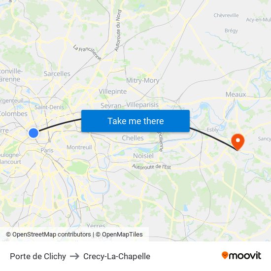 Porte de Clichy to Crecy-La-Chapelle map