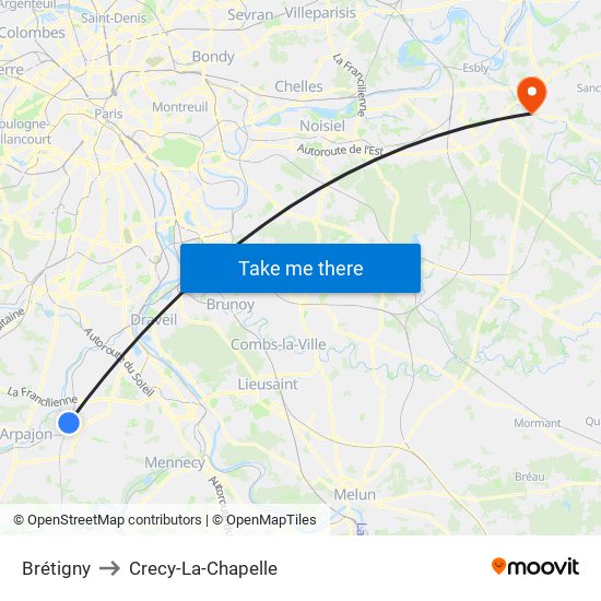 Brétigny to Crecy-La-Chapelle map