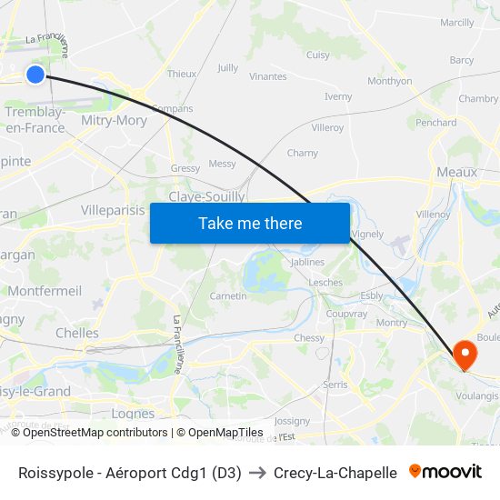 Roissypole - Aéroport Cdg1 (D3) to Crecy-La-Chapelle map