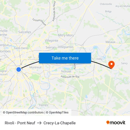Rivoli - Pont Neuf to Crecy-La-Chapelle map
