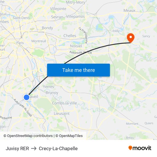 Juvisy RER to Crecy-La-Chapelle map