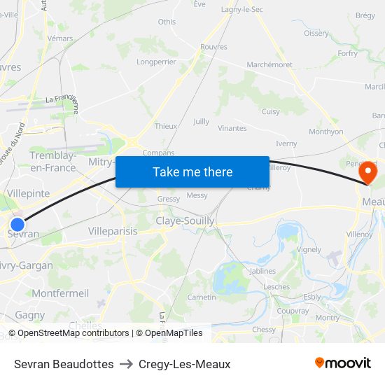 Sevran Beaudottes to Cregy-Les-Meaux map