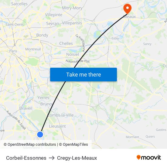 Corbeil-Essonnes to Cregy-Les-Meaux map