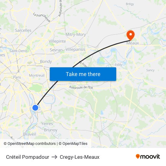Créteil Pompadour to Cregy-Les-Meaux map