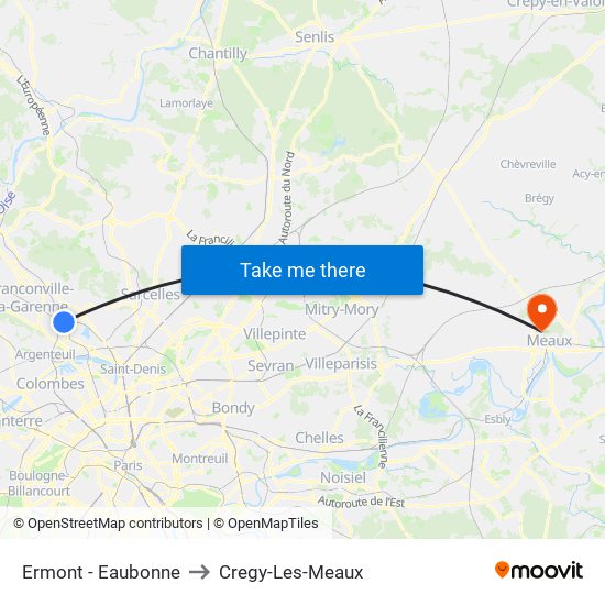 Ermont - Eaubonne to Cregy-Les-Meaux map