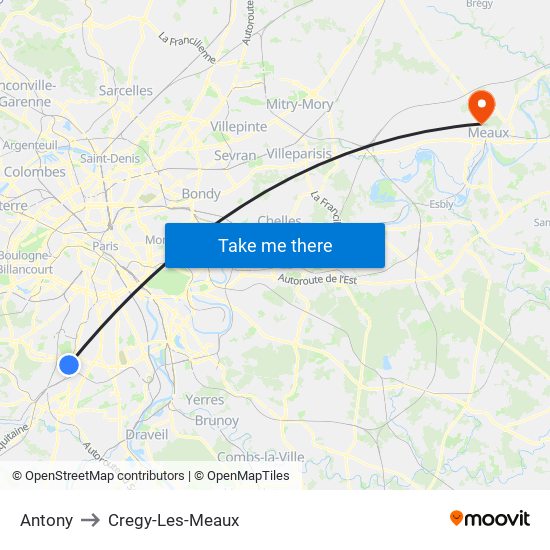 Antony to Cregy-Les-Meaux map