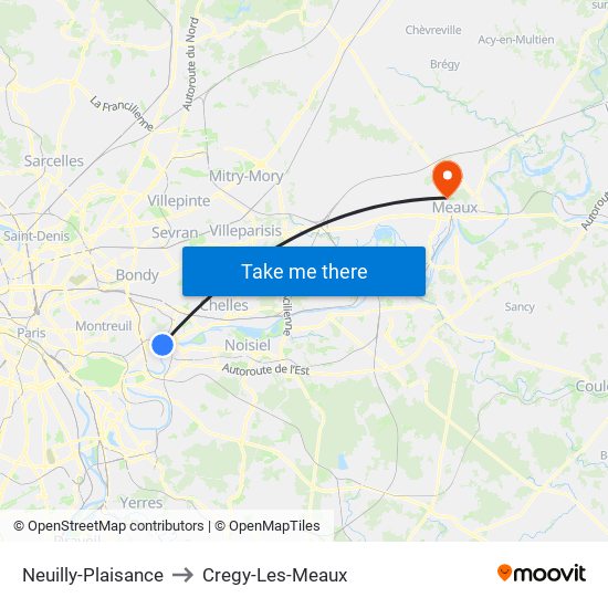 Neuilly-Plaisance to Cregy-Les-Meaux map