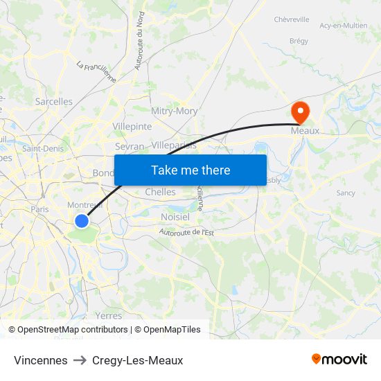 Vincennes to Cregy-Les-Meaux map