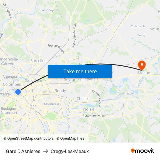 Gare D'Asnieres to Cregy-Les-Meaux map