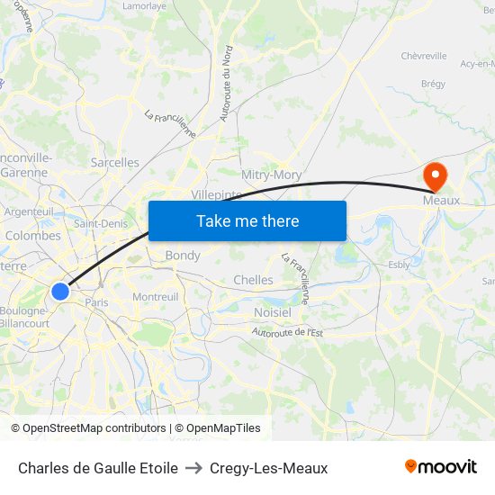 Charles de Gaulle Etoile to Cregy-Les-Meaux map