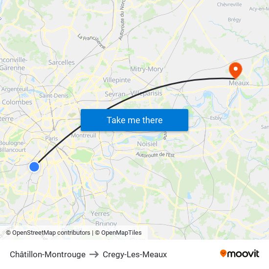 Châtillon-Montrouge to Cregy-Les-Meaux map