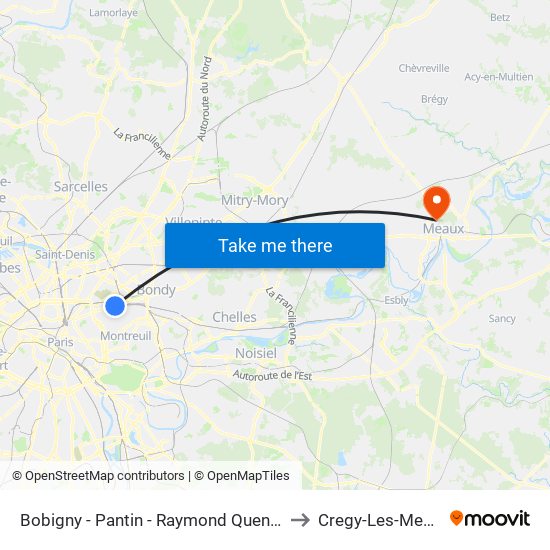 Bobigny - Pantin - Raymond Queneau to Cregy-Les-Meaux map