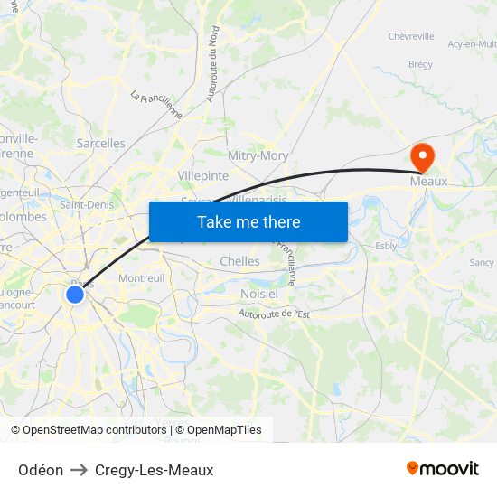 Odéon to Cregy-Les-Meaux map