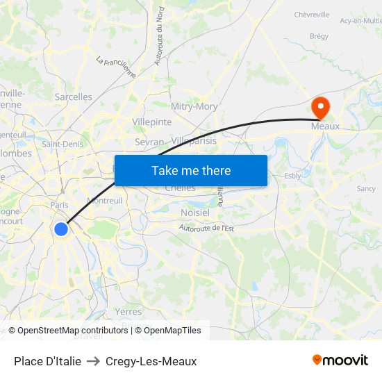 Place D'Italie to Cregy-Les-Meaux map
