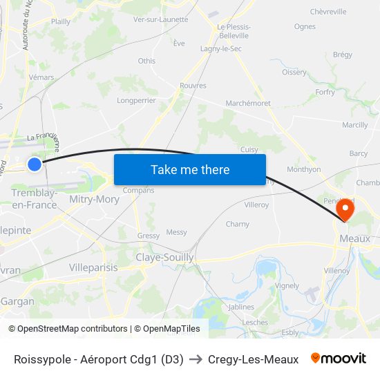 Roissypole - Aéroport Cdg1 (D3) to Cregy-Les-Meaux map