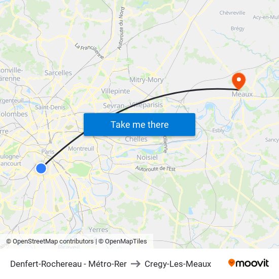 Denfert-Rochereau - Métro-Rer to Cregy-Les-Meaux map