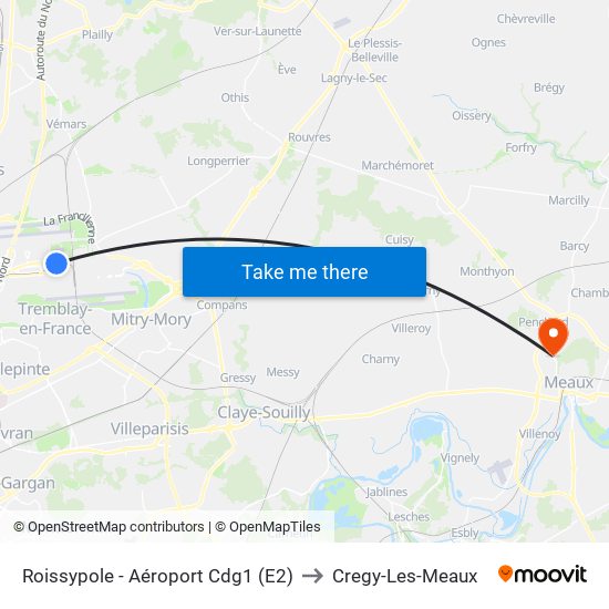 Roissypole - Aéroport Cdg1 (E2) to Cregy-Les-Meaux map