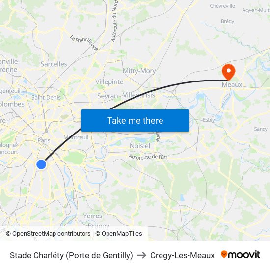 Stade Charléty (Porte de Gentilly) to Cregy-Les-Meaux map