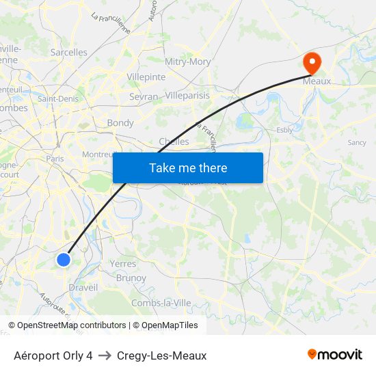 Aéroport Orly 4 to Cregy-Les-Meaux map