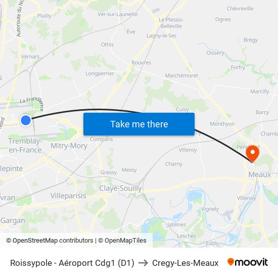 Roissypole - Aéroport Cdg1 (D1) to Cregy-Les-Meaux map