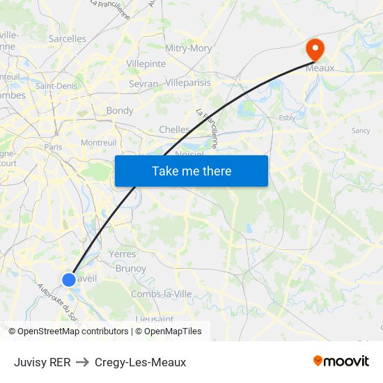 Juvisy RER to Cregy-Les-Meaux map