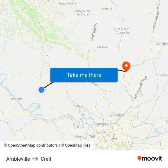 Ambleville to Creil map