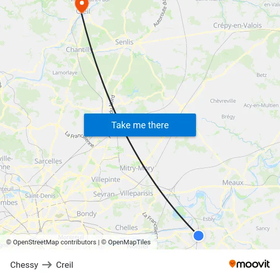 Chessy to Creil map