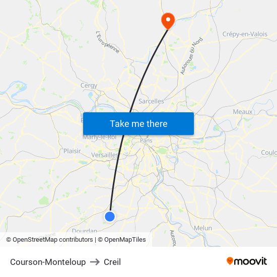 Courson-Monteloup to Creil map
