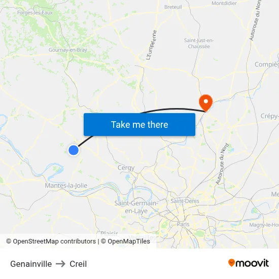 Genainville to Creil map