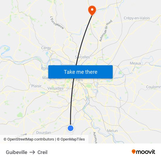 Guibeville to Creil map