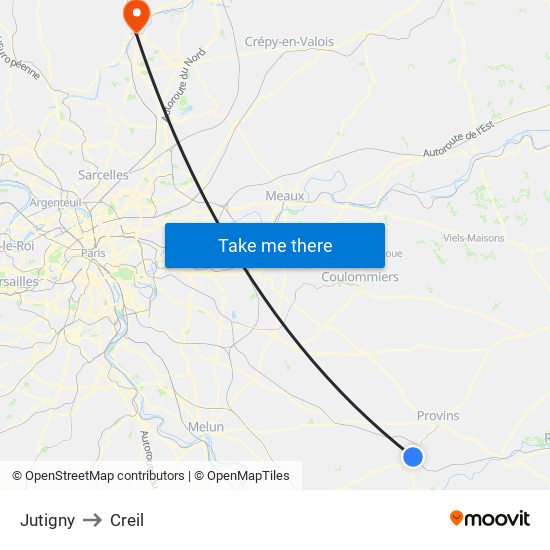 Jutigny to Creil map