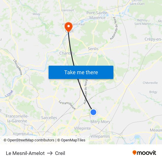 Le Mesnil-Amelot to Creil map