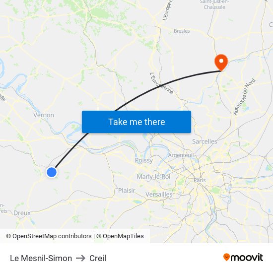 Le Mesnil-Simon to Creil map