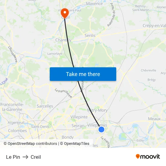 Le Pin to Creil map