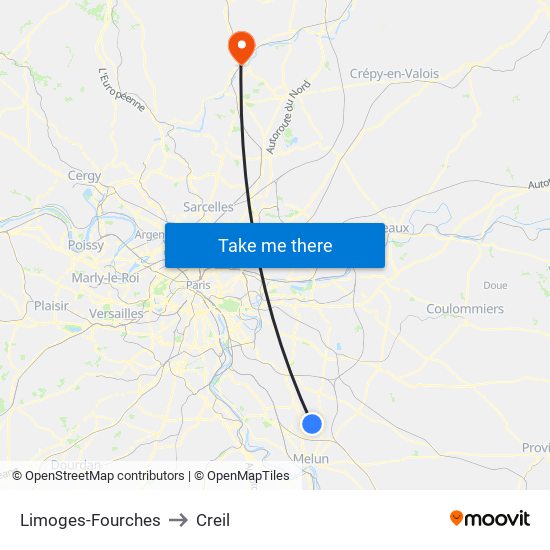 Limoges-Fourches to Creil map