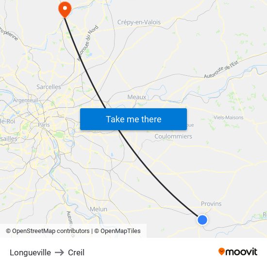 Longueville to Creil map
