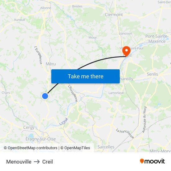 Menouville to Creil map