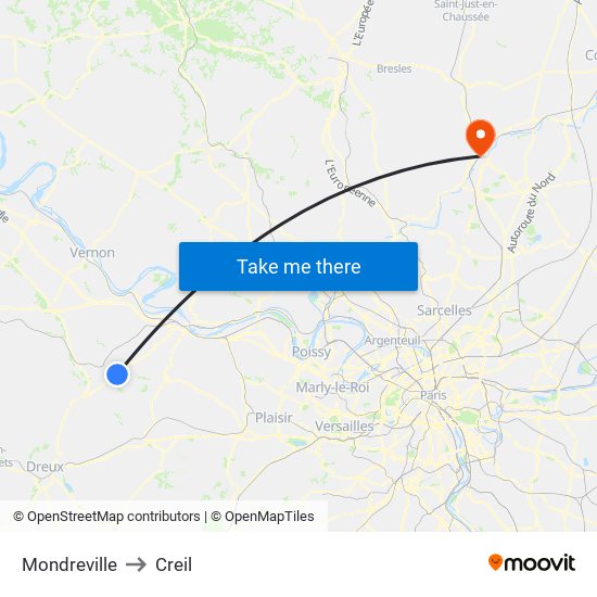 Mondreville to Creil map