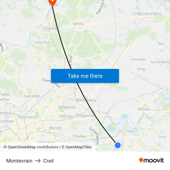 Montevrain to Creil map