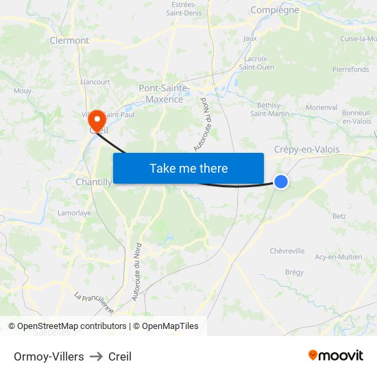 Ormoy-Villers to Creil map