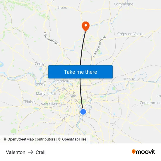 Valenton to Creil map