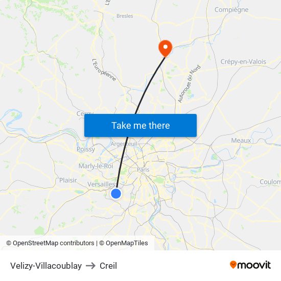 Velizy-Villacoublay to Creil map