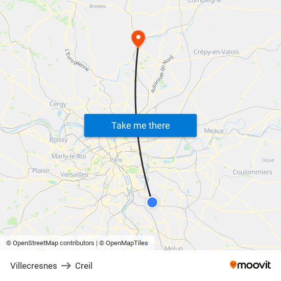 Villecresnes to Creil map