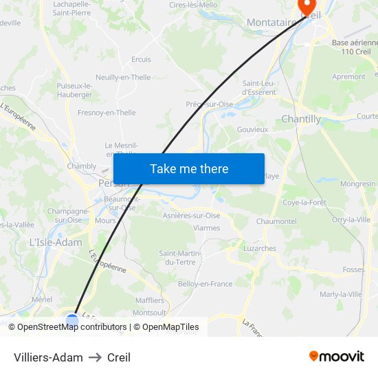 Villiers-Adam to Creil map
