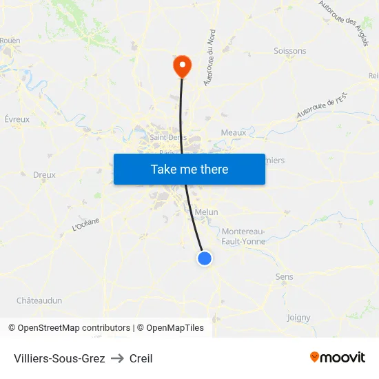 Villiers-Sous-Grez to Creil map